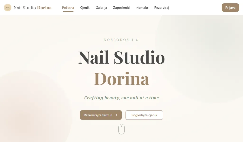 Početna stranica Nail Studija Dorina s gumbom za online rezervaciju termina