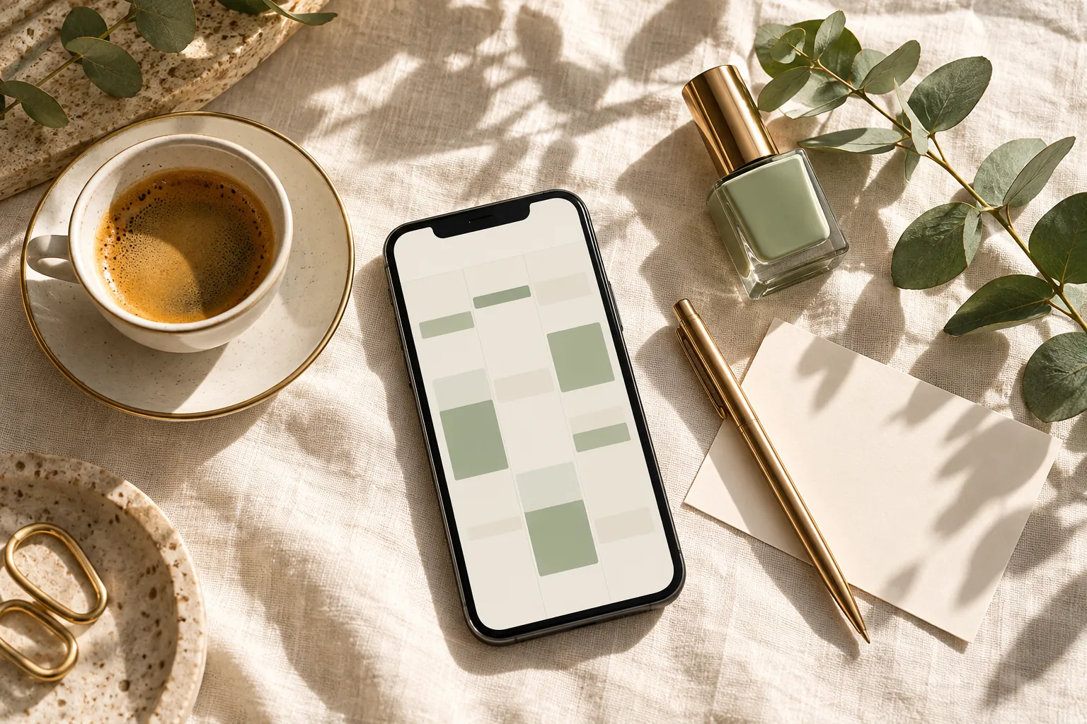 Ilustracija: espresso, mobitel s kalendarom i eukaliptus na lanu